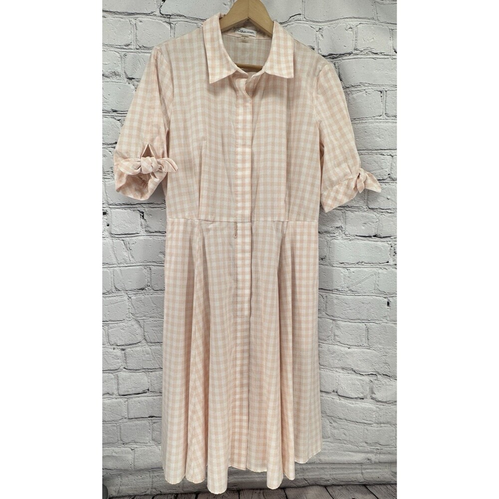 Calvin Klein Shirt Dress 10 Pink White Checked Fit & Flare 50s NO BELT